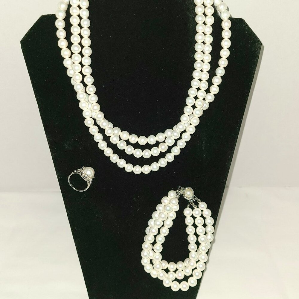 Simulated Pearl Tri-strand Necklace, Bracelet and Ring Set